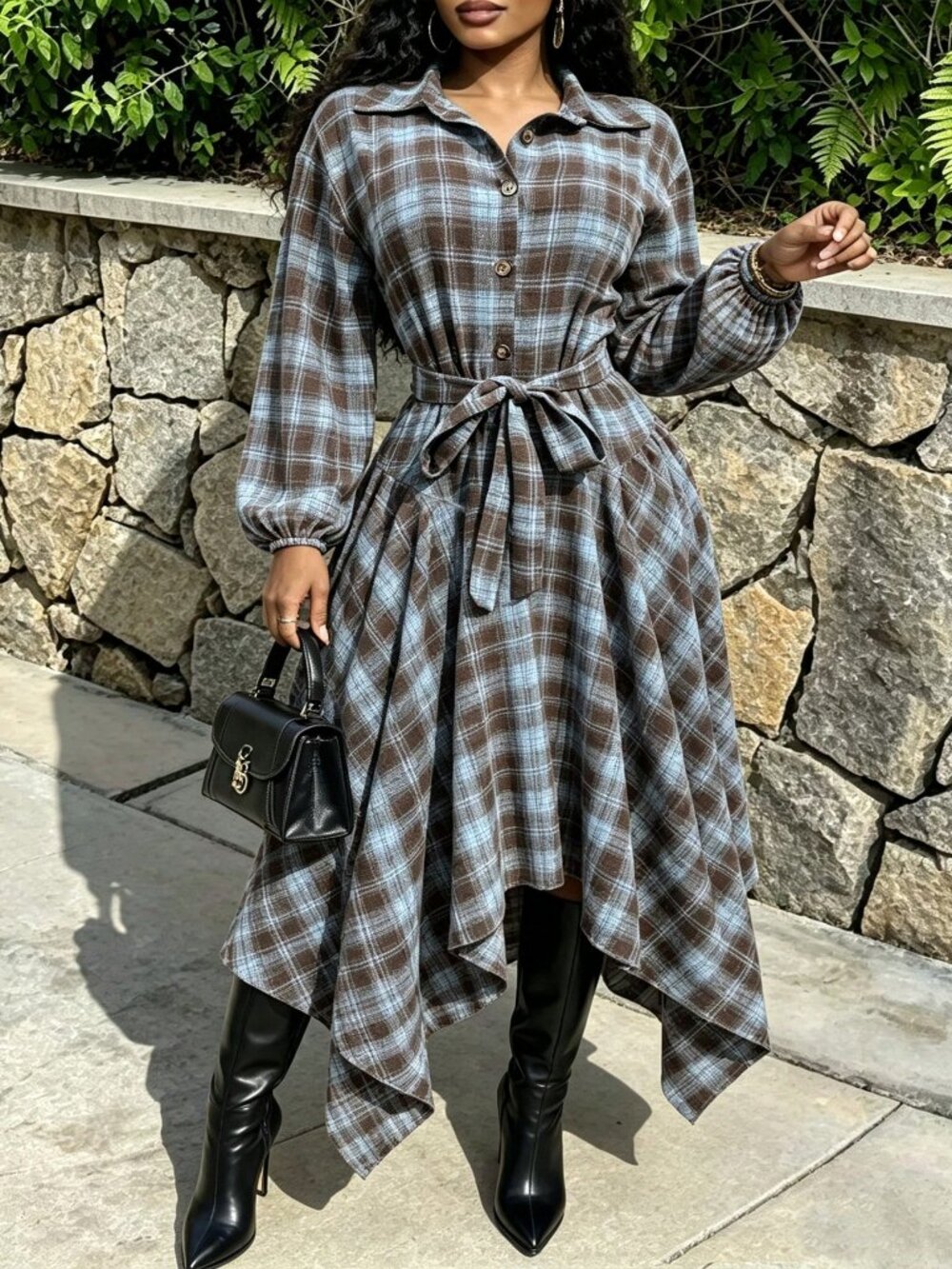 Multicolor Casual Women's High-Waisted Loose Asymmetrical Hem Plaid Shirt Dress